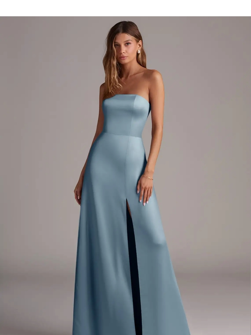 Azazie Strapless Satin Gown in Dusty Blue